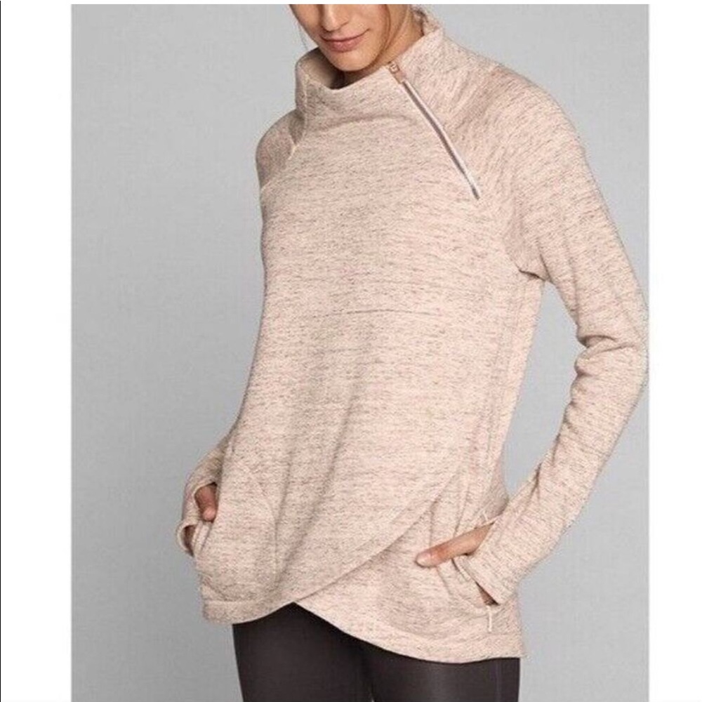 Athleta Cozy Karma Asymmetrical Pullover (Oatmeal Heather, Rose Gold)